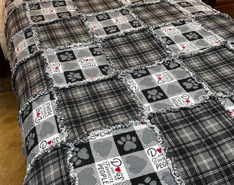 Dog and Plaid Rag Quilt, sofa quilt, sofa throw, flannel rag quilt, country quilt, home decor, handmade, housewarming, dog lover gift