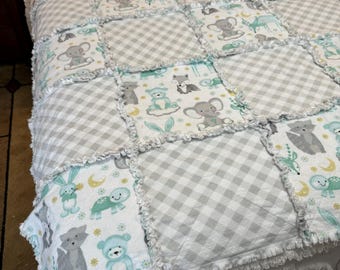 Sleepy Animals Baby Rag Quilt, Baby Rag Quilt, baby shower gift, nursery decor, stroller cover, tummy time, tummy time, baby blanket