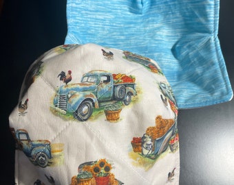 Blue Truck Microwave Bowl Cozy, microwave bowl holder, soup bowl cozy, reversible bowl cozy, ice cream container holder, handmade