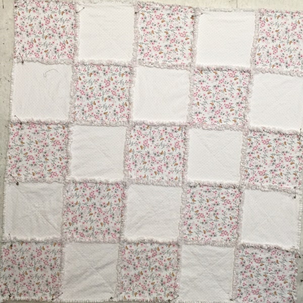 Bird and Floral Flannel Baby Rag Quilt, baby shower gift, nursery decor, stroller cover, tummy time, baby blanket, nursery bedding, handmade