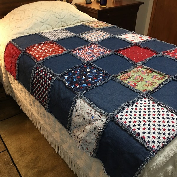 Patriotic Sofa Throw, rag quilt, denim sofa throw, denim quilt, country quilt, farmhouse, handmade, housewarming, Americana