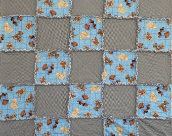 Teddy Bear Dog Baby Rag Quilt, Blue Gray Nursery Decor