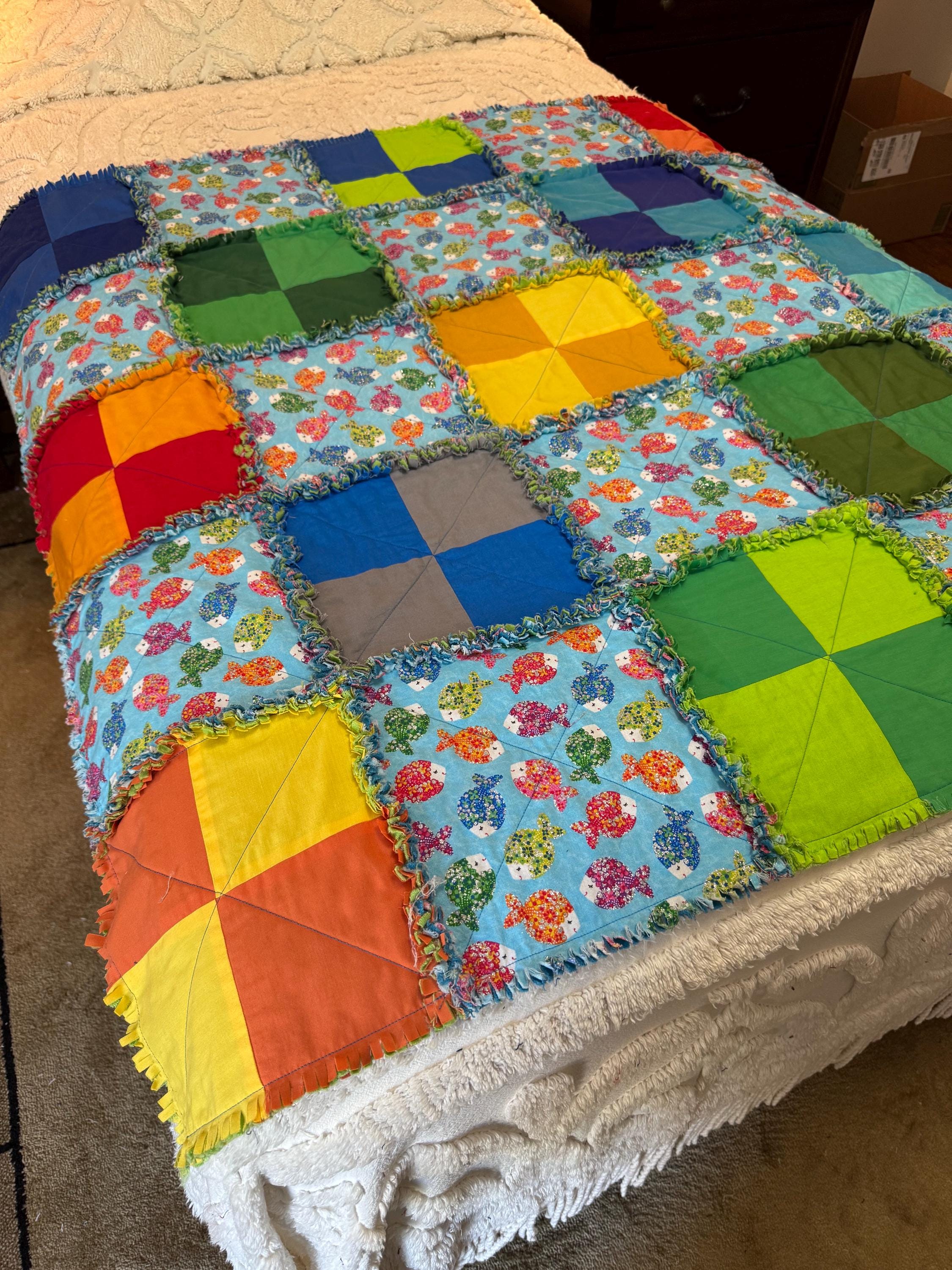 Fish Rag Quilt Baby Fish Rag Quilt, Baby Blanket, Cotton Rag Quilt, Stroller Cover ...