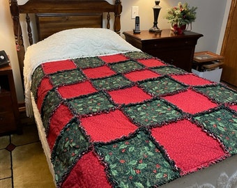 Holiday Holly Sofa Rag Quilt, sofa throw, holiday rag quilt, holiday inspired, country quilt, handmade quilt, handmade gift, housewarming