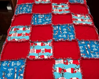 Cat In The Hat Rag Quilt, Kid Throw Blanket (53x53)