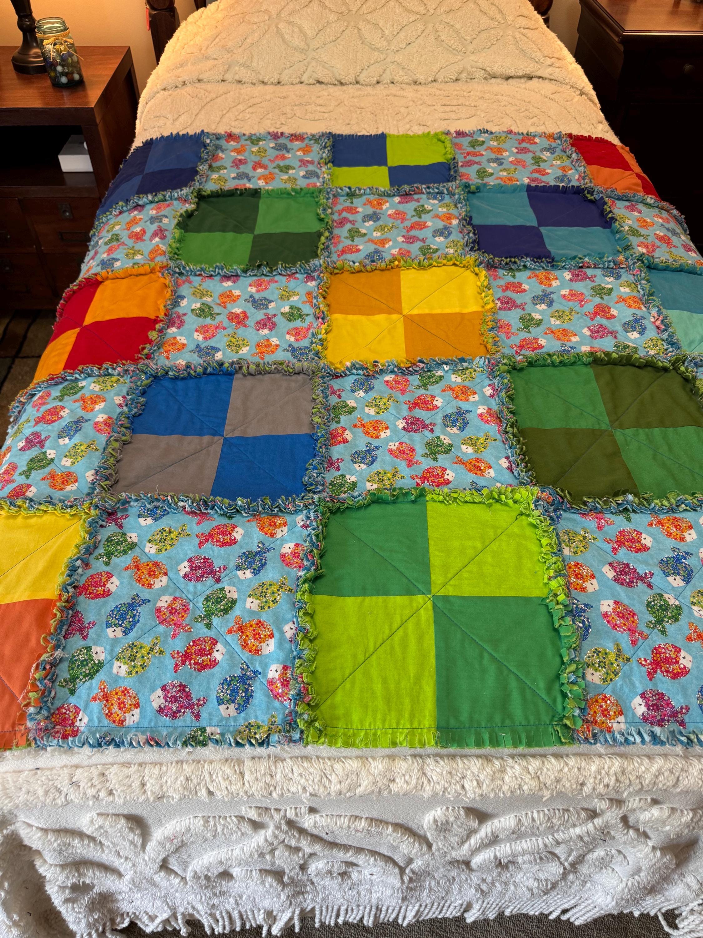 Fish Rag Quilt Baby Fish Rag Quilt, Baby Blanket, Cotton Rag Quilt, Stroller Cover ...