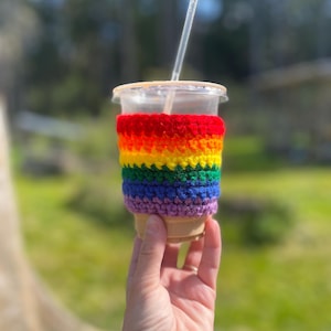 Handmade Pride Flag Crochet Cup Cozy – Reusable Coffee Sleeve – LGBTQ+ Gift – Multiple Pride Flags Available – Eco-Friendly