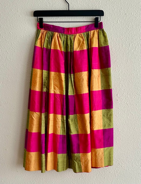 Silk Skirt in Pink Yellow Green Stripes, Button C… - image 4