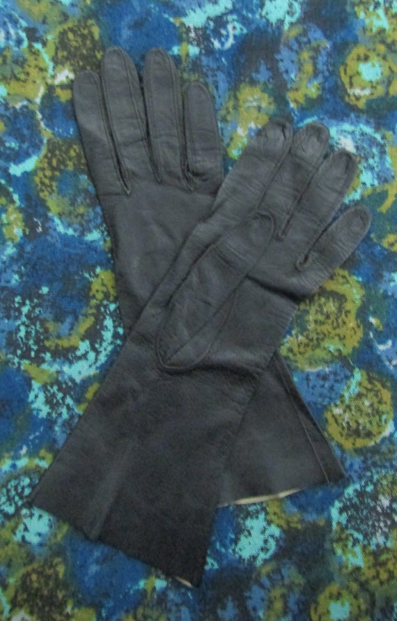 1980's Women's Long Soft Leather Gloves in Black … - image 1