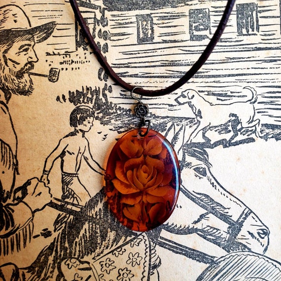 Pendant Necklace with Etched Rose, Vintage Boho J… - image 1