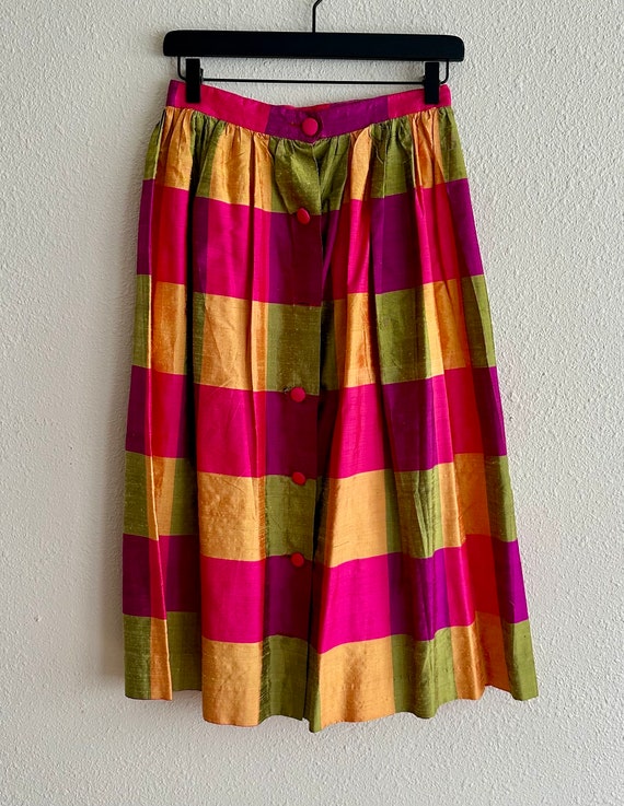 Silk Skirt in Pink Yellow Green Stripes, Button C… - image 3