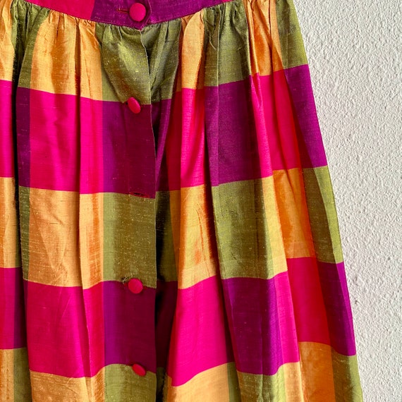 Silk Skirt in Pink Yellow Green Stripes, Button C… - image 1