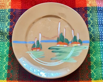 Conjunto de placas de cerámica de paisaje pintado decorativo vintage (3), decoración retro del hogar, moderno de mediados de siglo