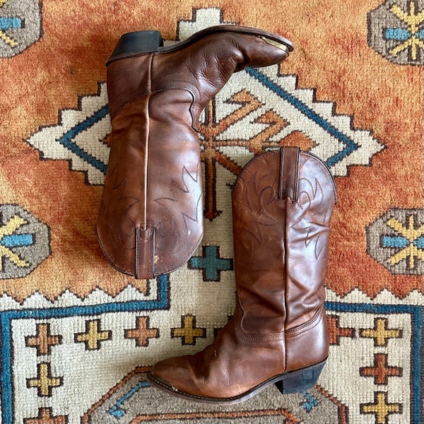 Brown Leather Durango Western Cowboy Boots with Brass Toe Detail, Women’s Size 6.5, vintage Western Cowgirl Boots