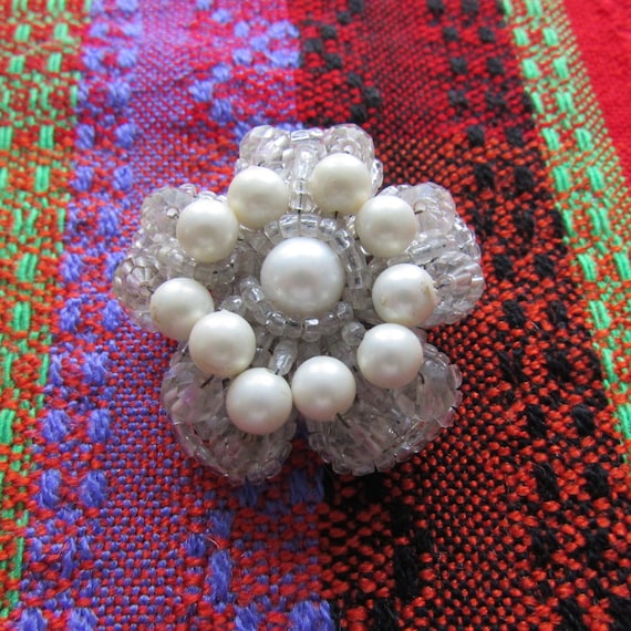 1960s Vintage Jewelry Austrian Crystal Beaded Flower Brooch Gold Tone