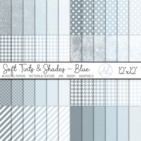 Soft Shades of Blue and White 12x12 Printable Paper, Monochrome Patterned and Textured Digital Backgrounds, INSTANT DOWNLOAD, 01S