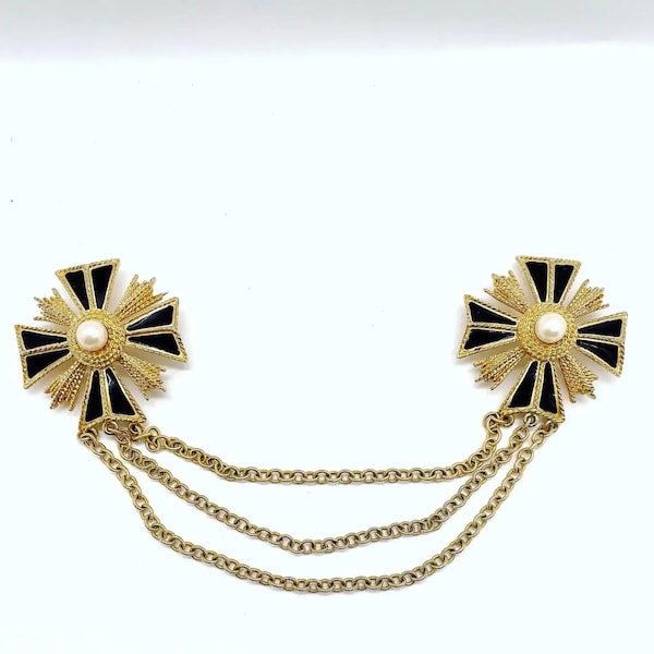 Monet double Maltese Cross chatelaine vintage brooch cape sweater pins in black enamel, gold tone and faux pearl.