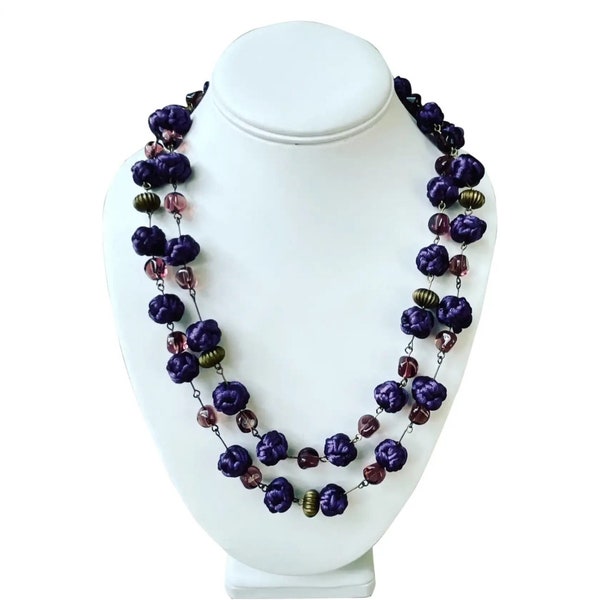Antique 1920s purple knotted silk, glass, and brass beaded link Flapper necklace.