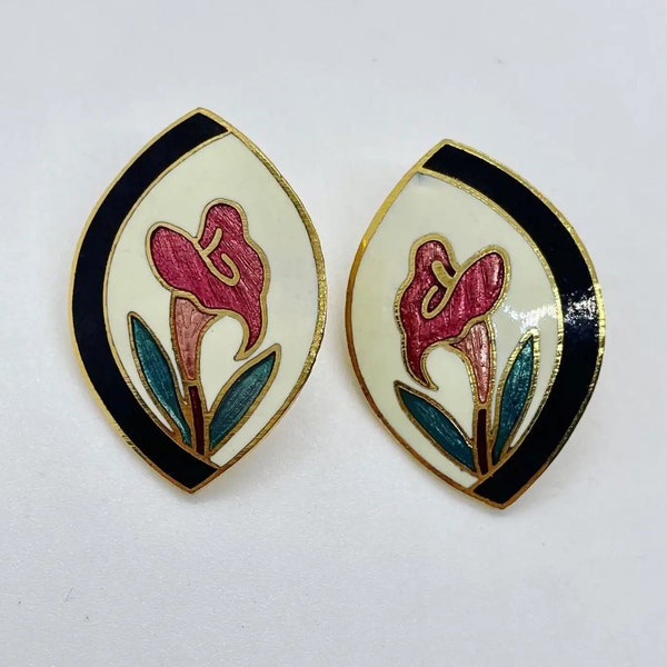 Art Nouveau revival Cloisonné gold and enameled pink calla lily pierced vintage earrings.