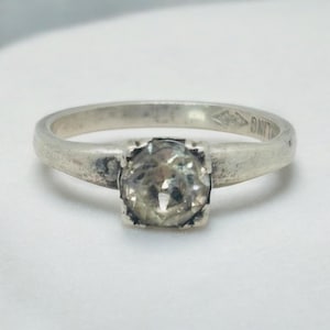 CLARK & COOMBS Art Deco antique Sterling Silver and clear paste solitaire engagement cocktail vintage ring size 7.
