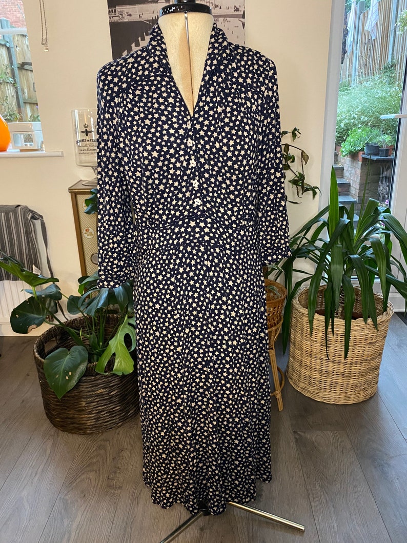 Vintage Kath Kidston Navy and Beige Jersey Star Dress