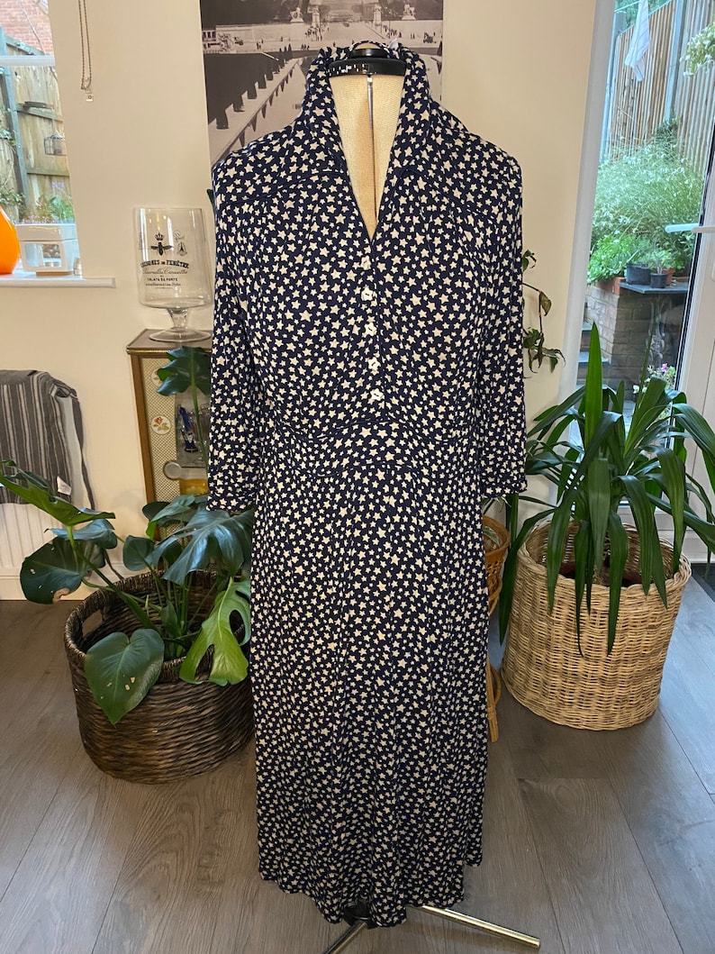Vintage Kath Kidston Navy and Beige Jersey Star Dress