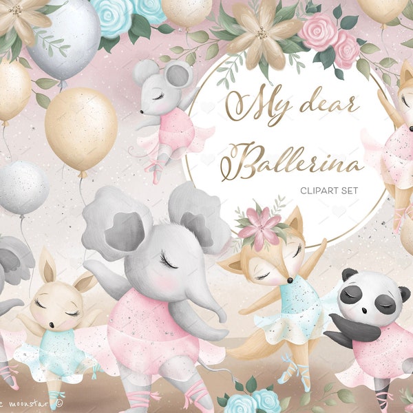 My dear ballerina Cute ballet clipart set , ballerinas woodland animals,  digital clipart 300 dpi PNG files. Commercial use