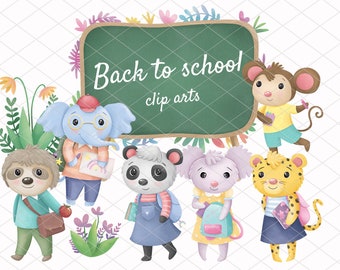 Watercolor back to School Clipart, jungle animals, School Clipart, teacher clipart. Educational clipart.