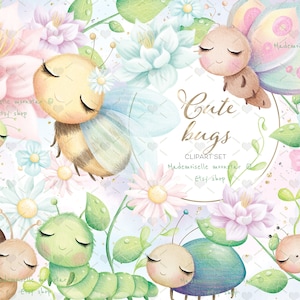Niedliche Käfer Clipart-Set. Biene, Marienkäfer, Raupe, Schnecke, Schmetterling, Blumen. Digitaler Download 300 Dpi Dateien. Kommerzielle Nutzung.