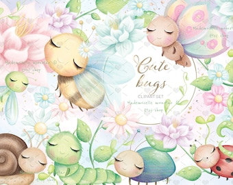 Conjunto de imágenes prediseñadas de insectos adorables. Abeja, mariquita, oruga, caracol, mariposa y flores. Descarga digital de archivos de 300 dpi. Uso comercial.