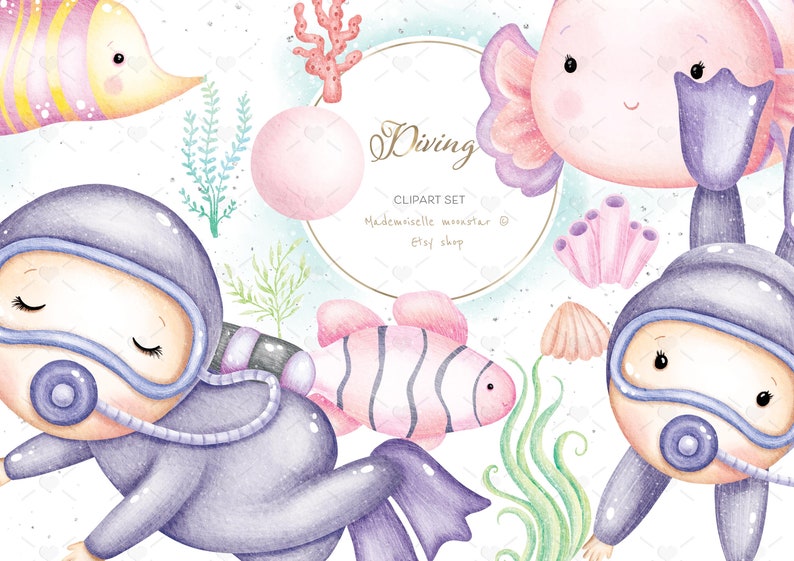 May include: Watercolor clipart set featuring two divers wearing purple and blue diving suits with masks and snorkels, a pink and purple fish, a pink and purple seahorse, a pink coral, and a pink bubble. The text "Diving" is written in a gold circle.
