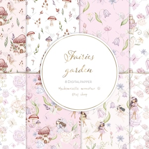 Pacchetto di carta stampabile Giardino delle fate primaverili. Fata dell'acquerello pastello scrapbooking per la scuola materna. Modello pastello senza cuciture. Fata rosa.