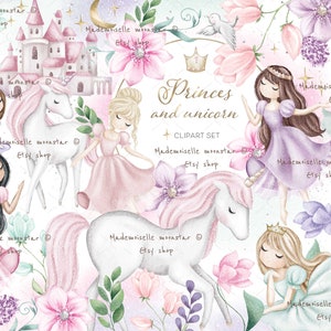 Prinzessin und Einhörner Clipart-Set. Weiße Pferde, Schloss, Blumen. 300 DPI PNG digitale Dateien. Kommerzielle Nutzung.