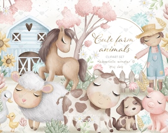 Cute farm animals clipart. Farm animals pig, cow, horse, dog, sheep. 300 dpi PNG digital files.