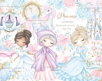 Fairy tale princes clipart set. Princess watercolor clipart. Pumpkin carriage and mouse. Castel. Commercial use. Png digital files.
