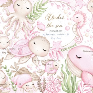 Clipart di piccoli animali marini. File PNG digitali di simpatiche creature marine. Tartarughe, pesci, polpi, meduse, cavallucci marini, wale. Uso commerciale.