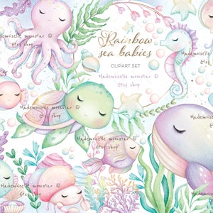 Rainbow sea babies clipart. Cute sea creatures digital PNG files. Turtle, fishes, octopus, jellyfish, sea horse, wale. Commercial use.