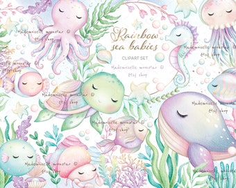 May include: A set of watercolor illustrations of sea creatures, including an octopus, turtle, whale, seahorse, fish, and a crab. The illustrations are in a rainbow color palette and have a whimsical, cartoonish style.