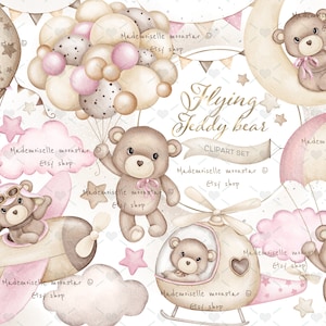 Clipart d'ours en peluche mignon. Boho, ours en peluche rose neutre. Ballon à air chaud aquarelle. Usage commercial et personnel. C'est un clipart fille.