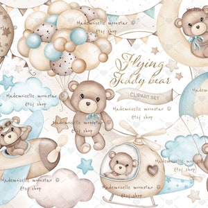 Simpatico orsacchiotto clipart. Boho, orsacchiotto neutro blu. Mongolfiera dell'acquerello. Uso commerciale e personale. È una clipart da ragazzo.