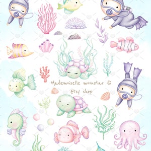 May include: A set of 33 watercolor illustrations featuring underwater creatures, including a diver, seahorse, octopus, fish, turtles, and coral. The illustrations are in a pastel color palette and are perfect for creating invitations, cards, or other crafts.