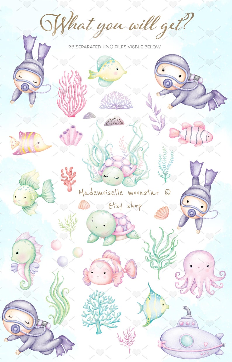 May include: A set of 33 watercolor illustrations featuring underwater creatures, including a diver, seahorse, octopus, fish, turtles, and coral. The illustrations are in a pastel color palette and are perfect for creating invitations, cards, or other crafts.