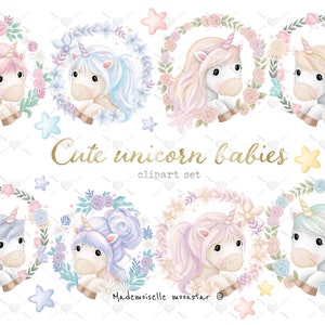 Cute unicorn babies Clipart Set. Unicorn png files. 300 DPI commercial use.