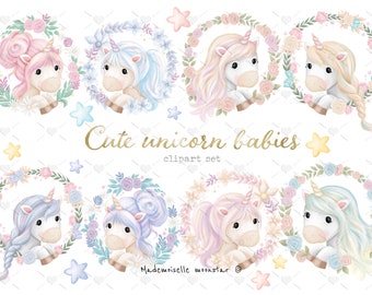 Cute unicorn babies Clipart Set. Unicorn png files. 300 DPI commercial use.