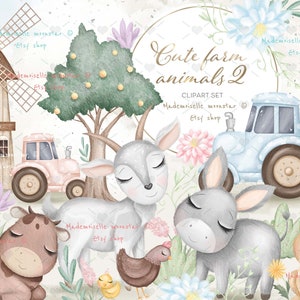 Simpatici animali da fattoria parte 2 clipart set. Asino, mucca, capra, gatto, trattore rosa e blu, pollo, mulino a vento. File PNG a 300 dpi. Uso commerciale.