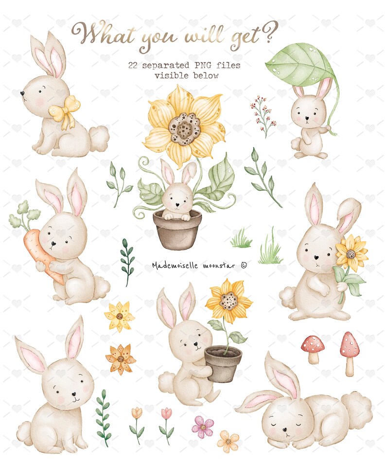 Cute Bunny Clipart Set. Easter Bunny, Spring Watercolor Clipart. PNG ...