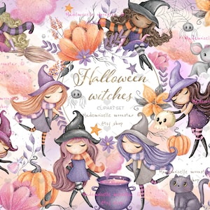 Halloween witches clipart set. Spooky halloween, witch, bat, cat, pumpkin. 300 dpi PNG files. Commercial and personal use.