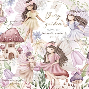 Insieme di clipart giardino fata primavera. Clipart magico dell'acquerello carino. Giardino incantato file PNG 300 DPI. Uso commerciale e personale.