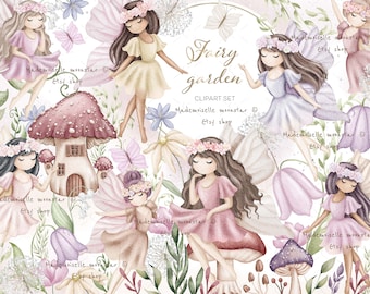 Fairy spring garden clipart set. Cute watercolor magic clipart. Enchanted garden 300 DPI PNG files. Commercial and personal use.