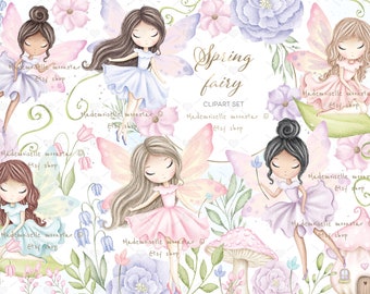 Magic, spring fairies garden. Cute watercolor magic clipart. Enchanted garden 300 DPI PNG files. Commercial use.